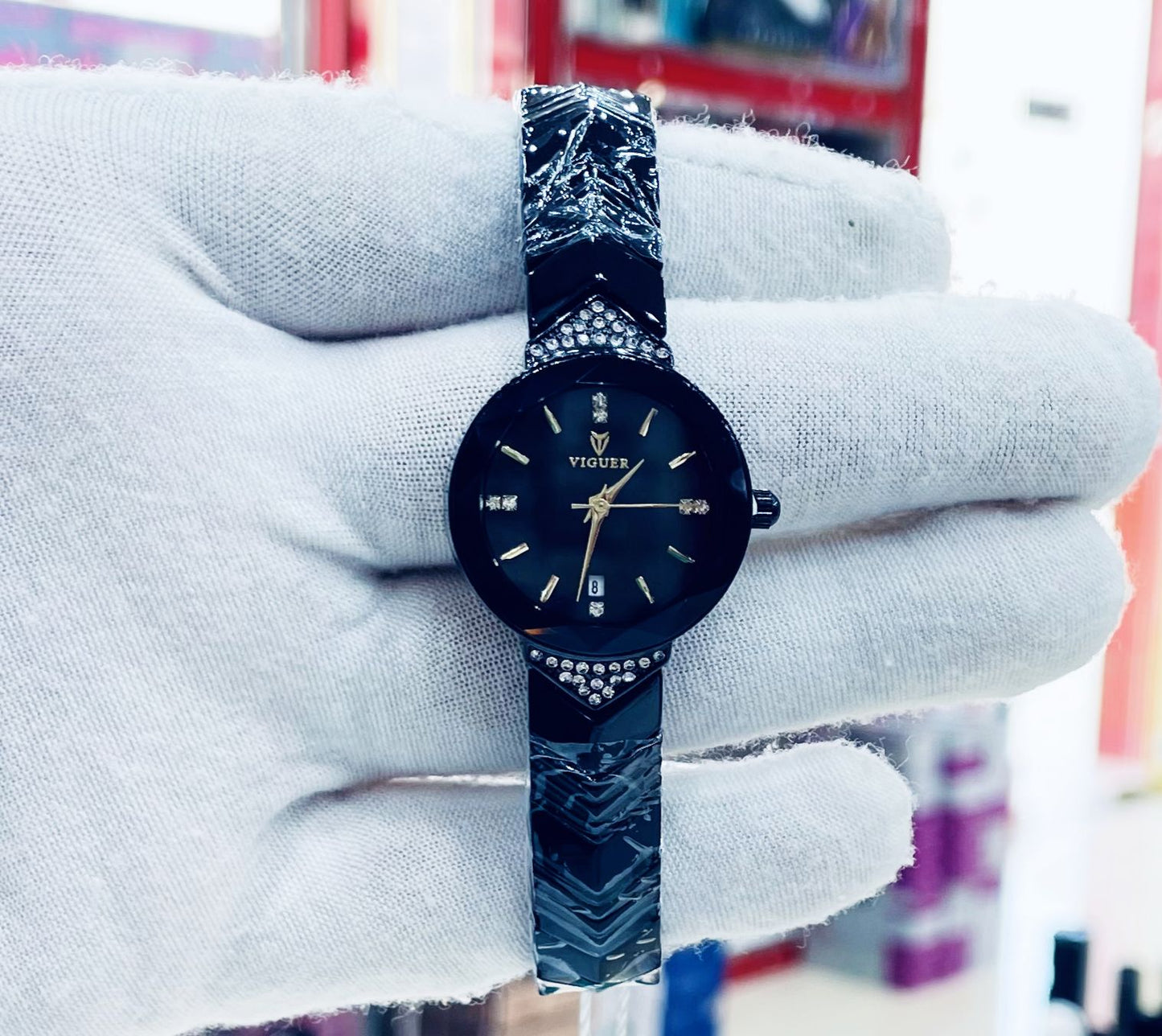 Viguer Ladies Crystal Bracelet Watch — Date Display