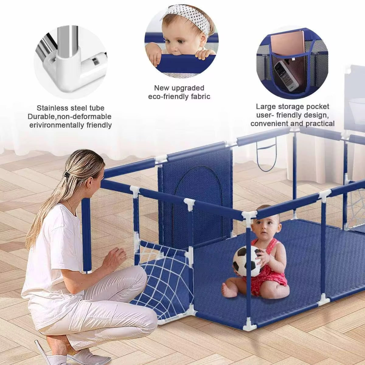 Large Baby Safety Playpen with Basketball Hoop & Football Goal | Foldable Kids Ball Pit Fence | 190×129cm