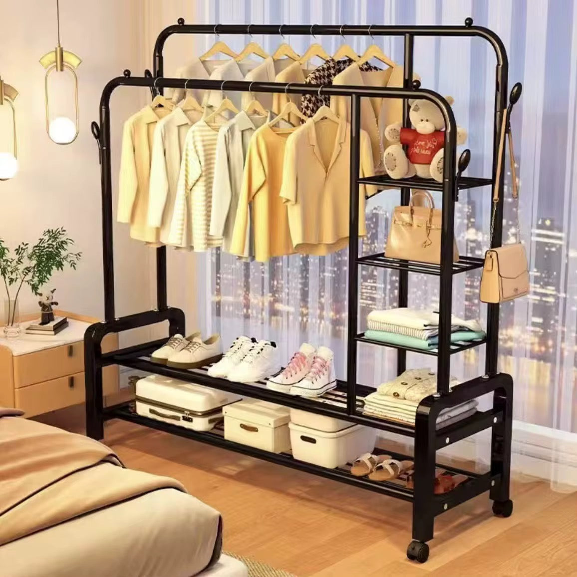 Double Rail Garment Rack with Shelves & Wheels | Wardrobe Organizer