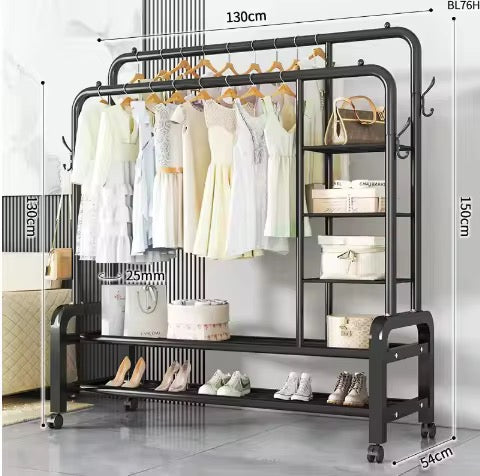 Double Rail Garment Rack with Shelves & Wheels | Wardrobe Organizer