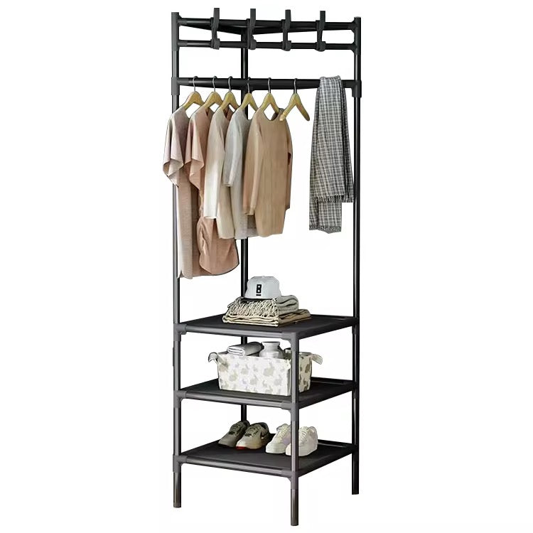 3-in-1 Corner Coat Rack with Shelves & Shoe Storage | Metal Clothes Hanger Stand