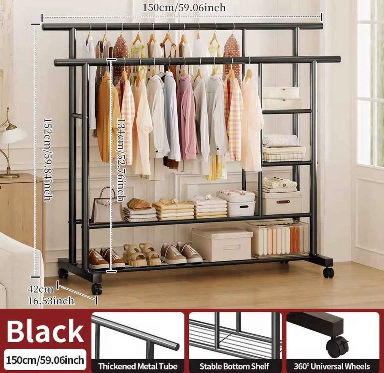 Double Rail Clothes Rack with Shelves & Lockable Wheels | Heavy Duty Metal Garment Stand