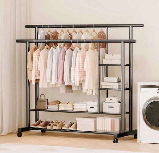 Double Rail Clothes Rack with Shelves & Lockable Wheels | Heavy Duty Metal Garment Stand