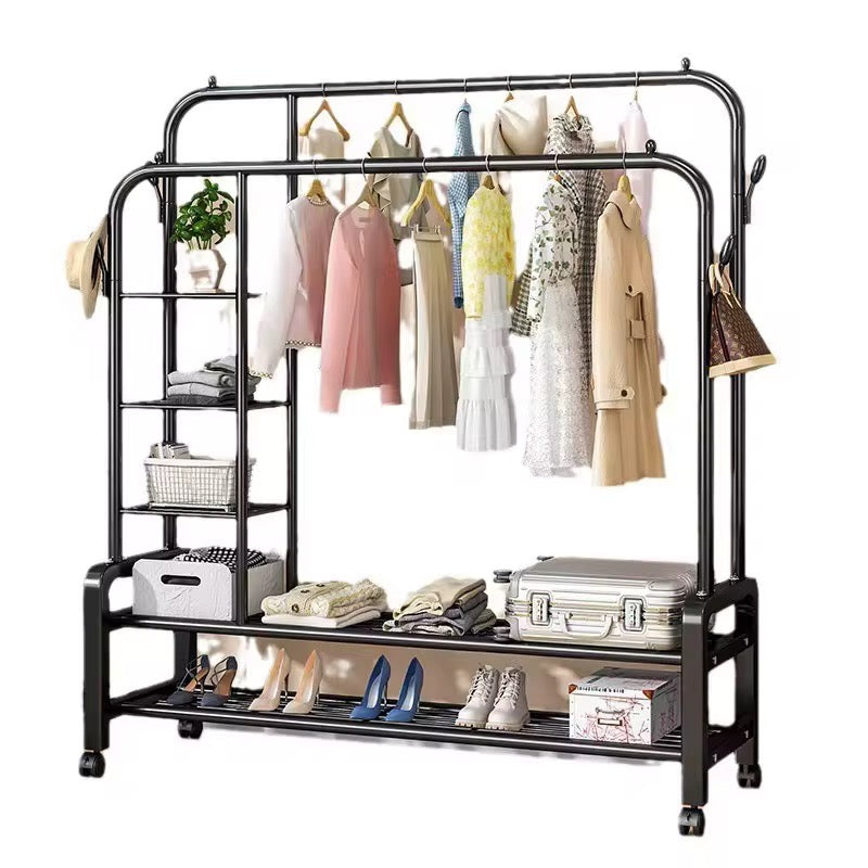 Double Rail Garment Rack with Shelves & Wheels | Wardrobe Organizer