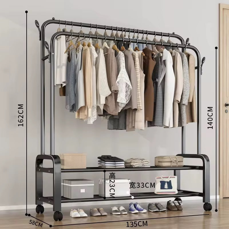 Double Rail Clothes Rack with Shelves & Wheels | Garment Organizer