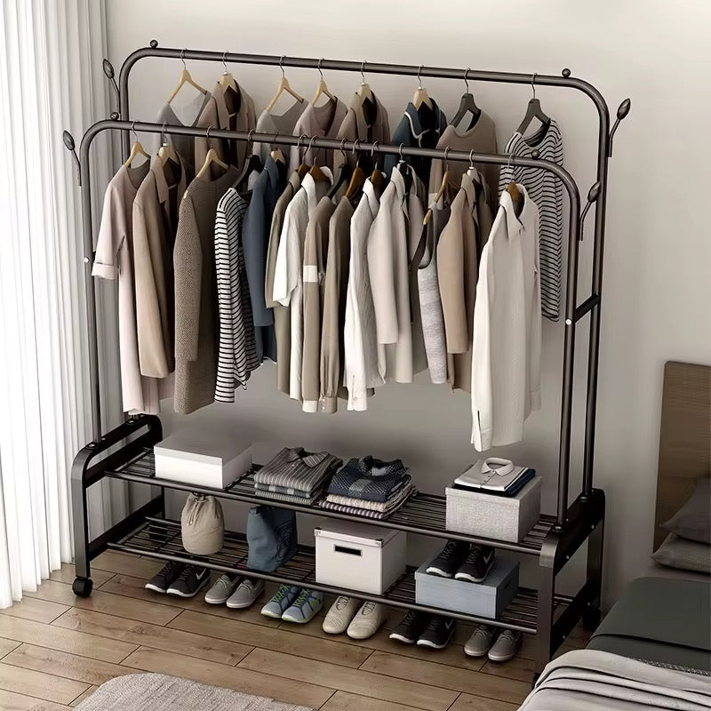 Double Rail Clothes Rack with Shelves & Wheels | Garment Organizer