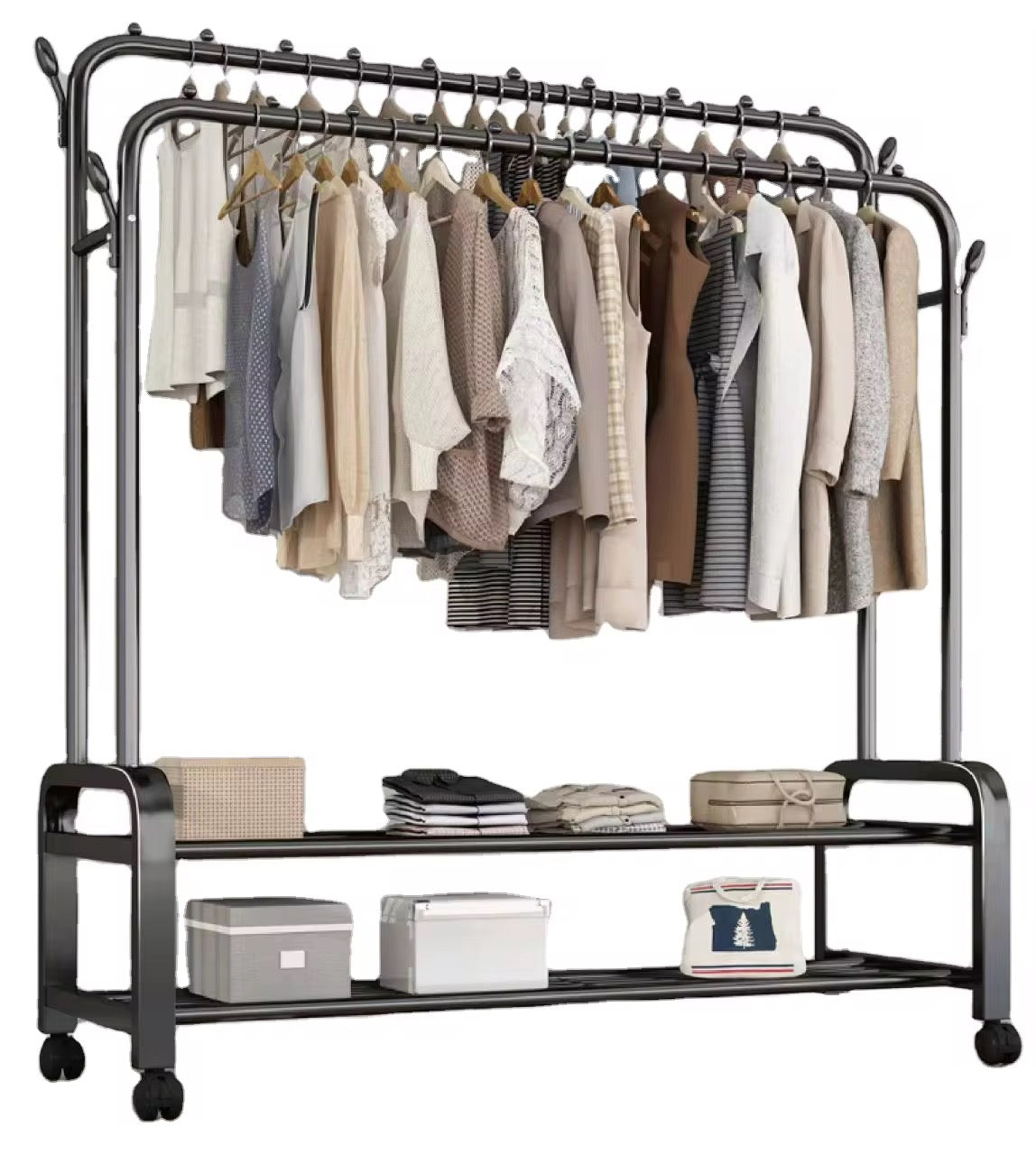 Double Rail Clothes Rack with Shelves & Wheels | Garment Organizer