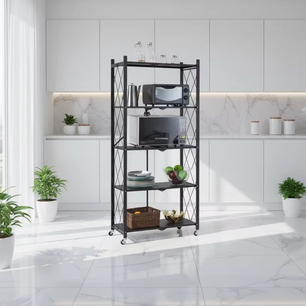 5-Tier Foldable Kitchen Rack with Wheels | Metal Storage Shelf