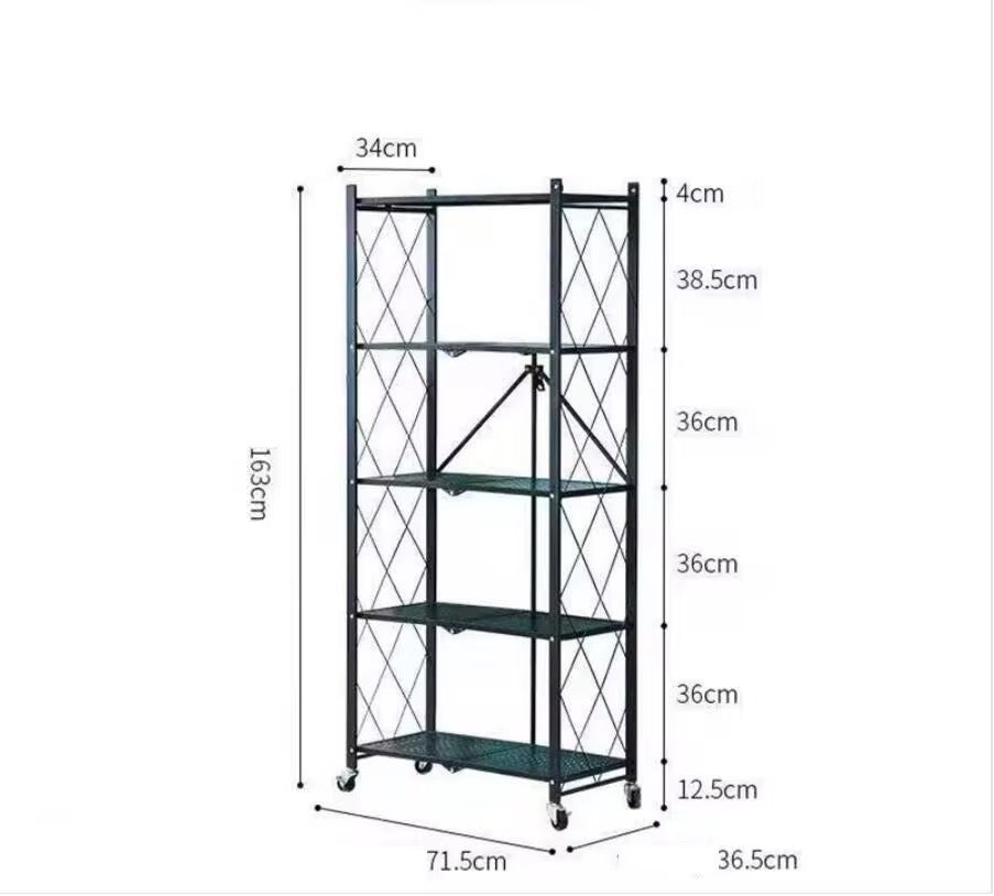 5-Tier Foldable Kitchen Rack with Wheels | Metal Storage Shelf