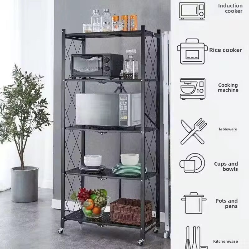 5-Tier Foldable Kitchen Rack with Wheels | Metal Storage Shelf
