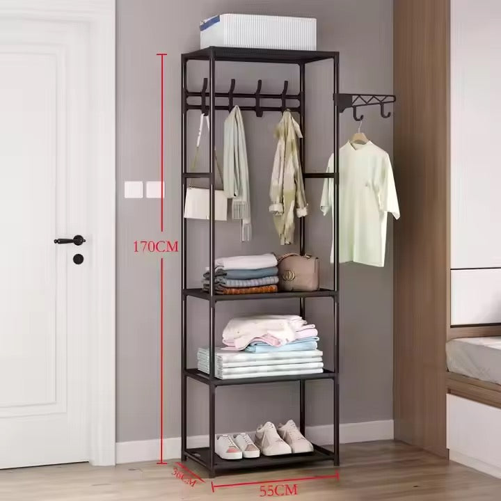 Freestanding Clothes Rack with Shelves & Hooks | Bedroom Organizer